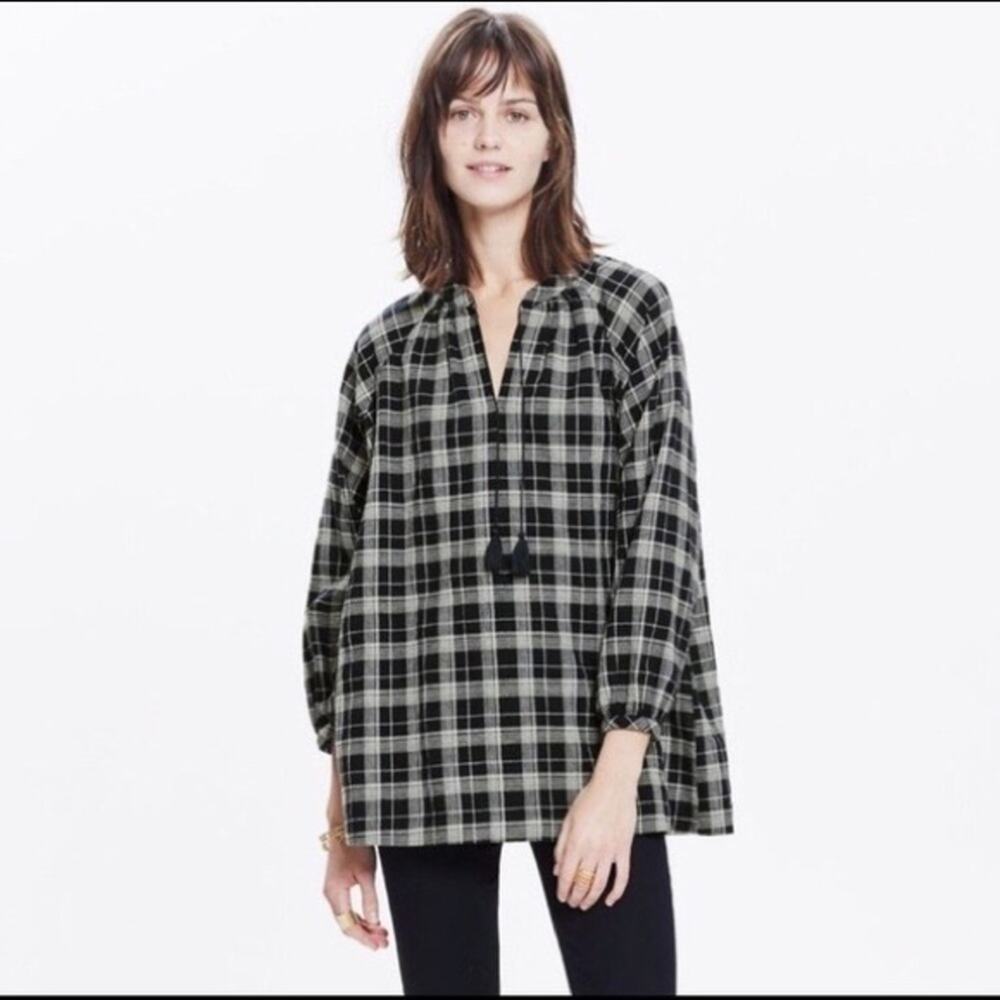 Madewell Camilla Blue Plaid Tassel Peasant Blouse Size Small